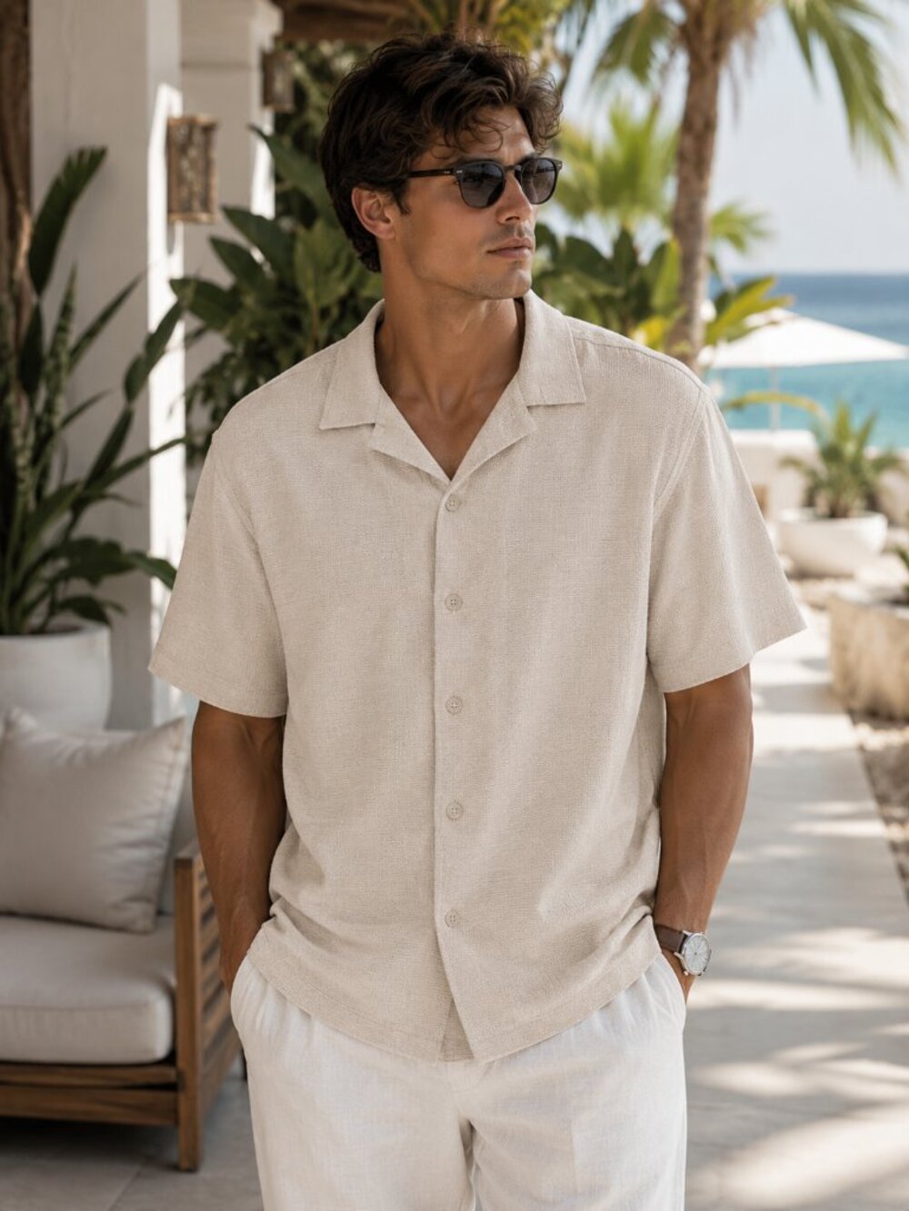 Malibu Beach Club Men's 3XL Cream Textured Camp Collar Resort Button Up Shirt